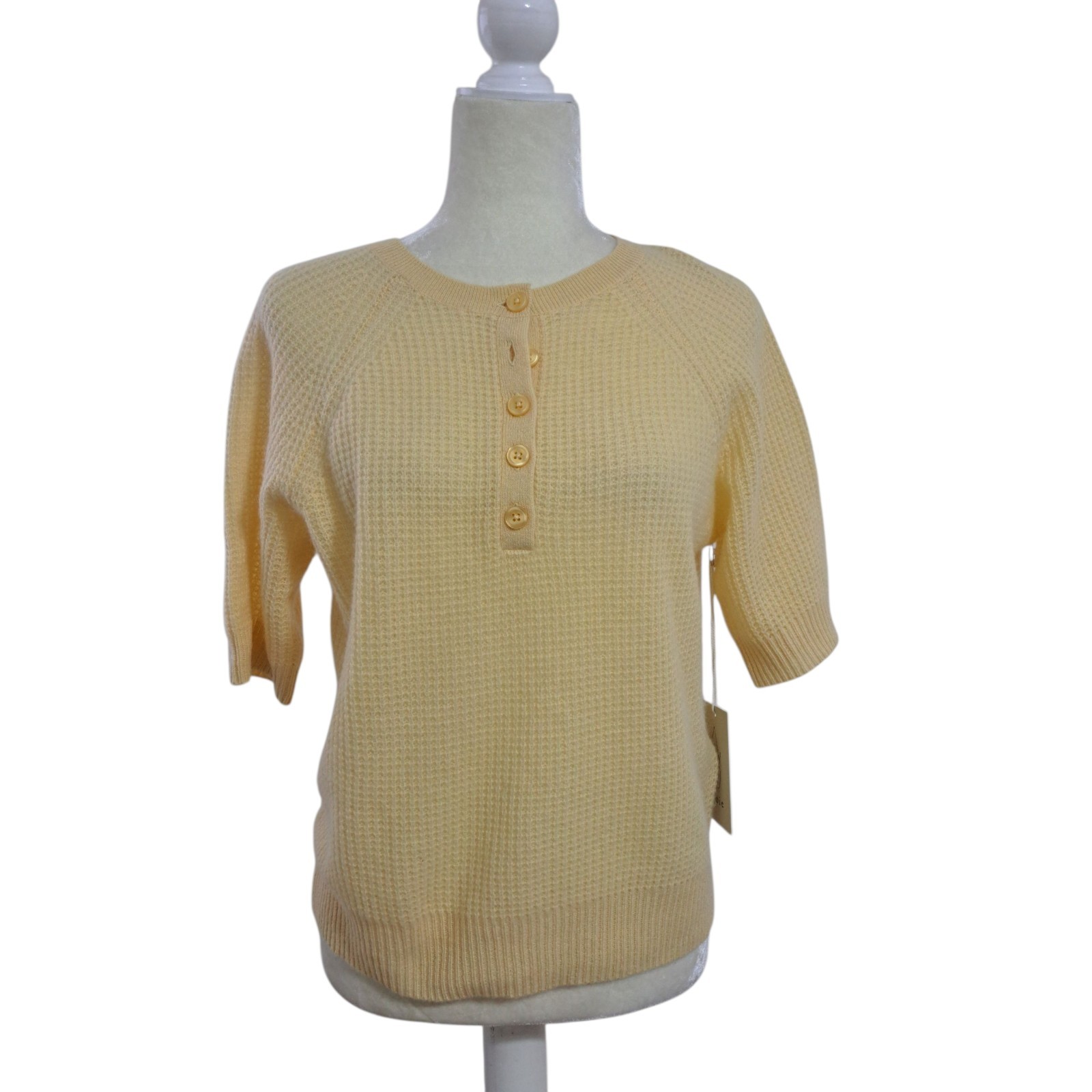 Joie Women’s Cashmere Textured Knit Short Sleeve Henley Sweater Butter Yellow L