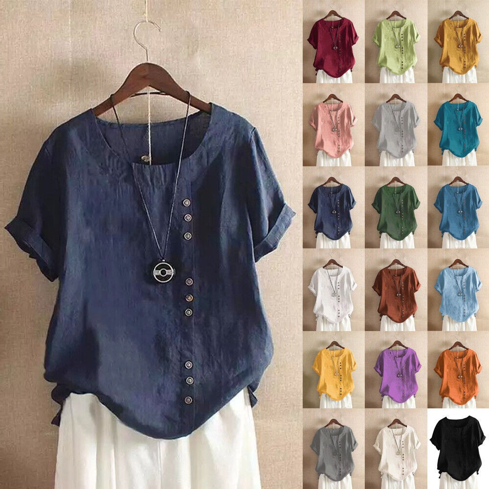 Summer Womens Cotton Linen Tunic Blouse Tops Short Sleeve Shirt Casual