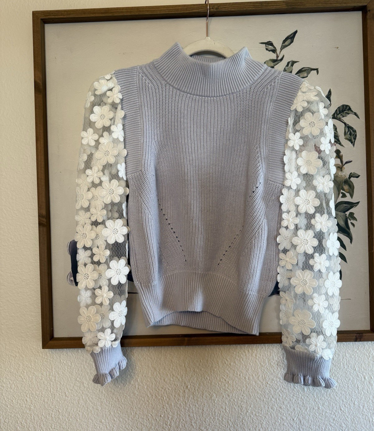 French Connection M Blue White Mock Neck Sheer Floral Knit Pullover