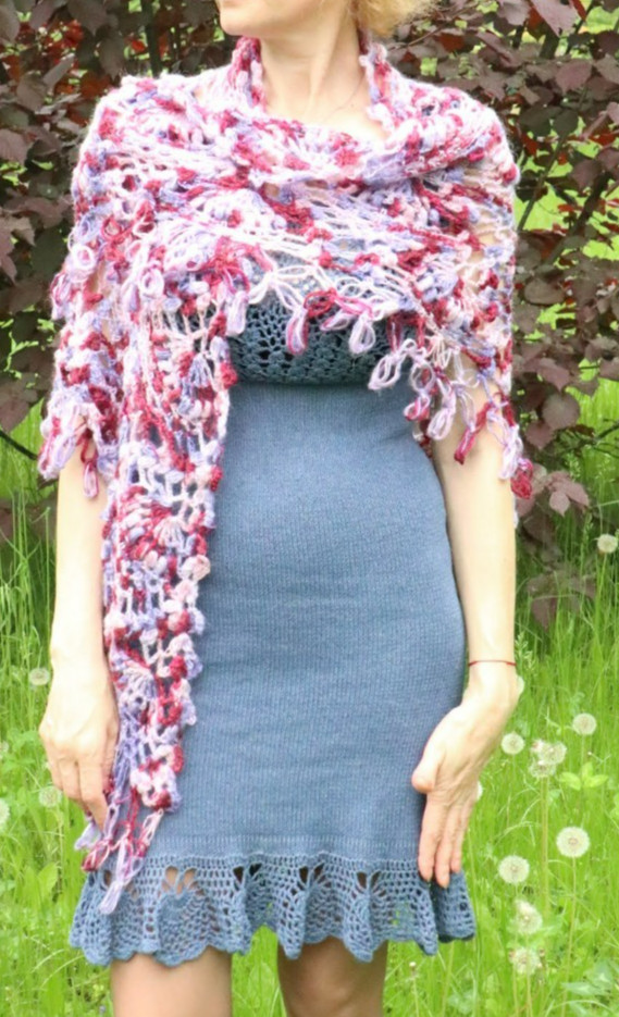 Angora Crochet Triangle Shawl – Handmade Lace Wrap Scarf Boho Capelet
