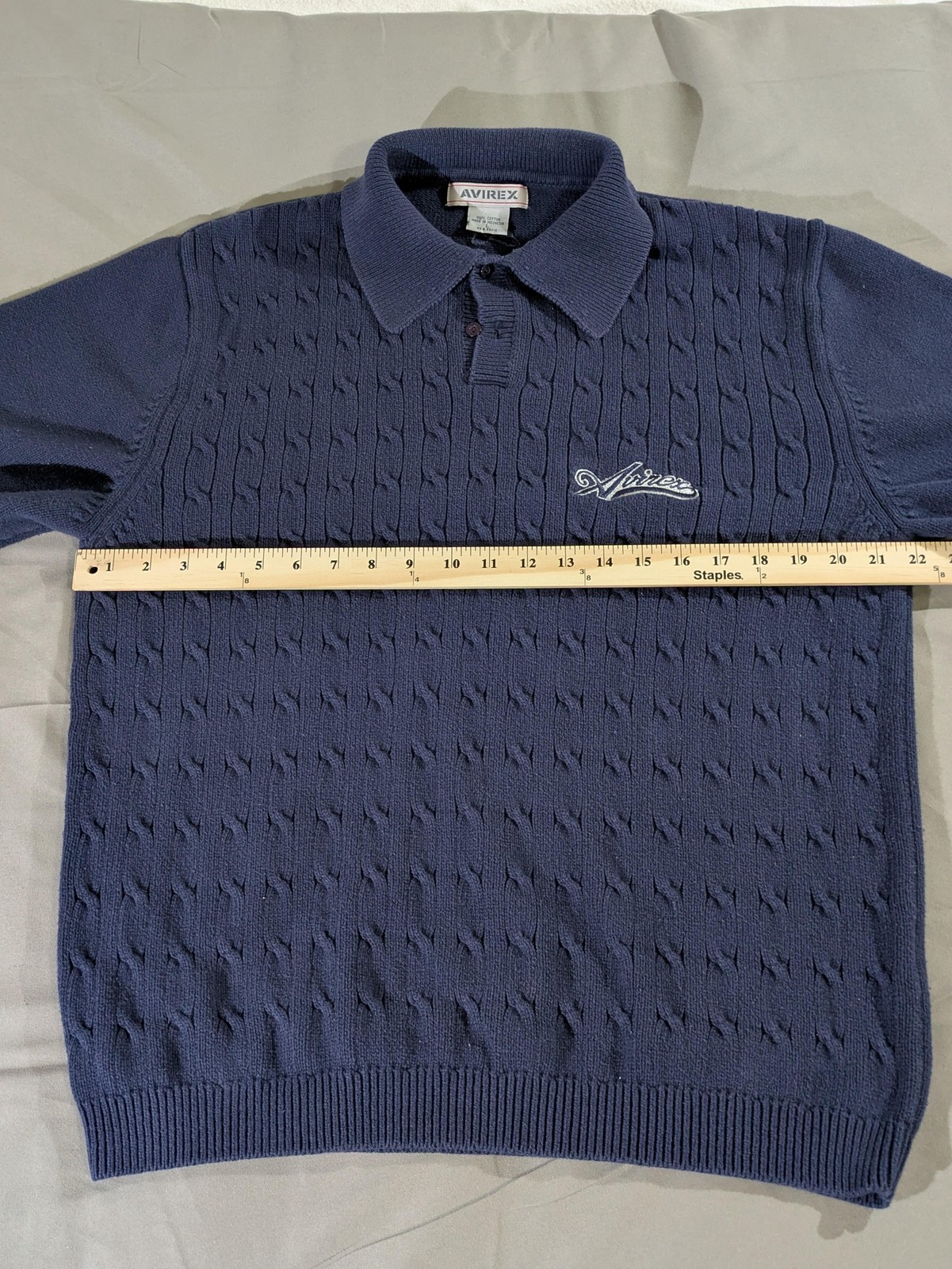 Vintage Avirex Sweater Mens Lg Blue Cable Knit Short Sleeve Collared Script Golf