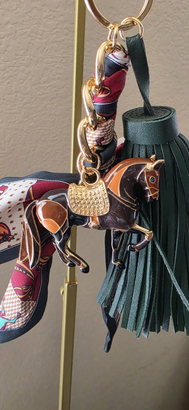 Piper K Bag Charm Key Chain Equestrian Hand Painted Horse Bow Green Tassel NWOT