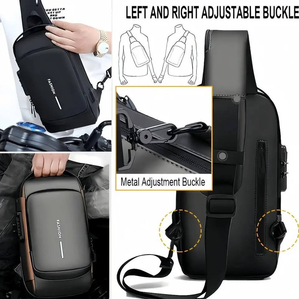 Men Anti Theft Chest Bag USB Charging Crossbody Sling Shoulder Travel Pack
