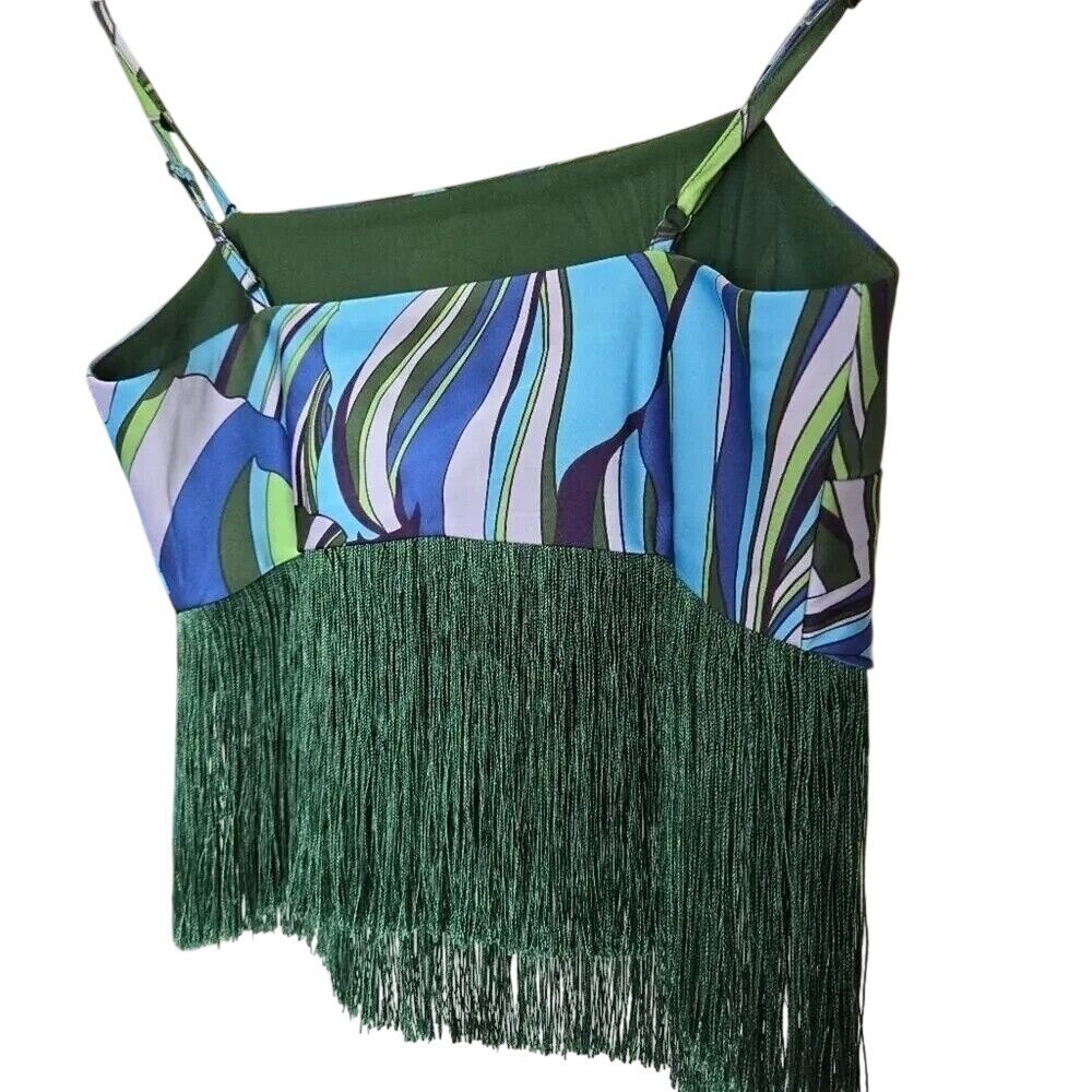 House of Harlow Blue Green Swirl Fringe Skirt Set Size XS Retro Luxe Miami Chic