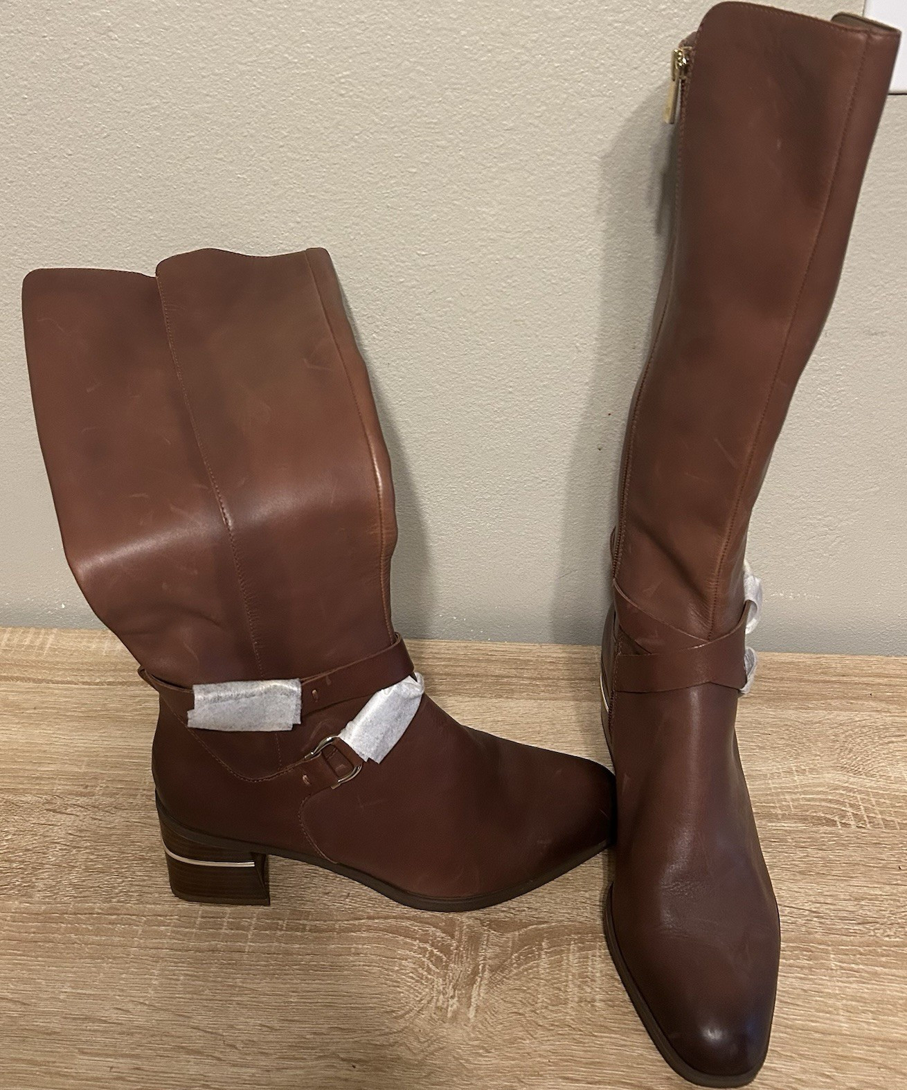 Brown Leather Knee-High Riding Boots Side Zip Almond Toe Stretch US 8.5