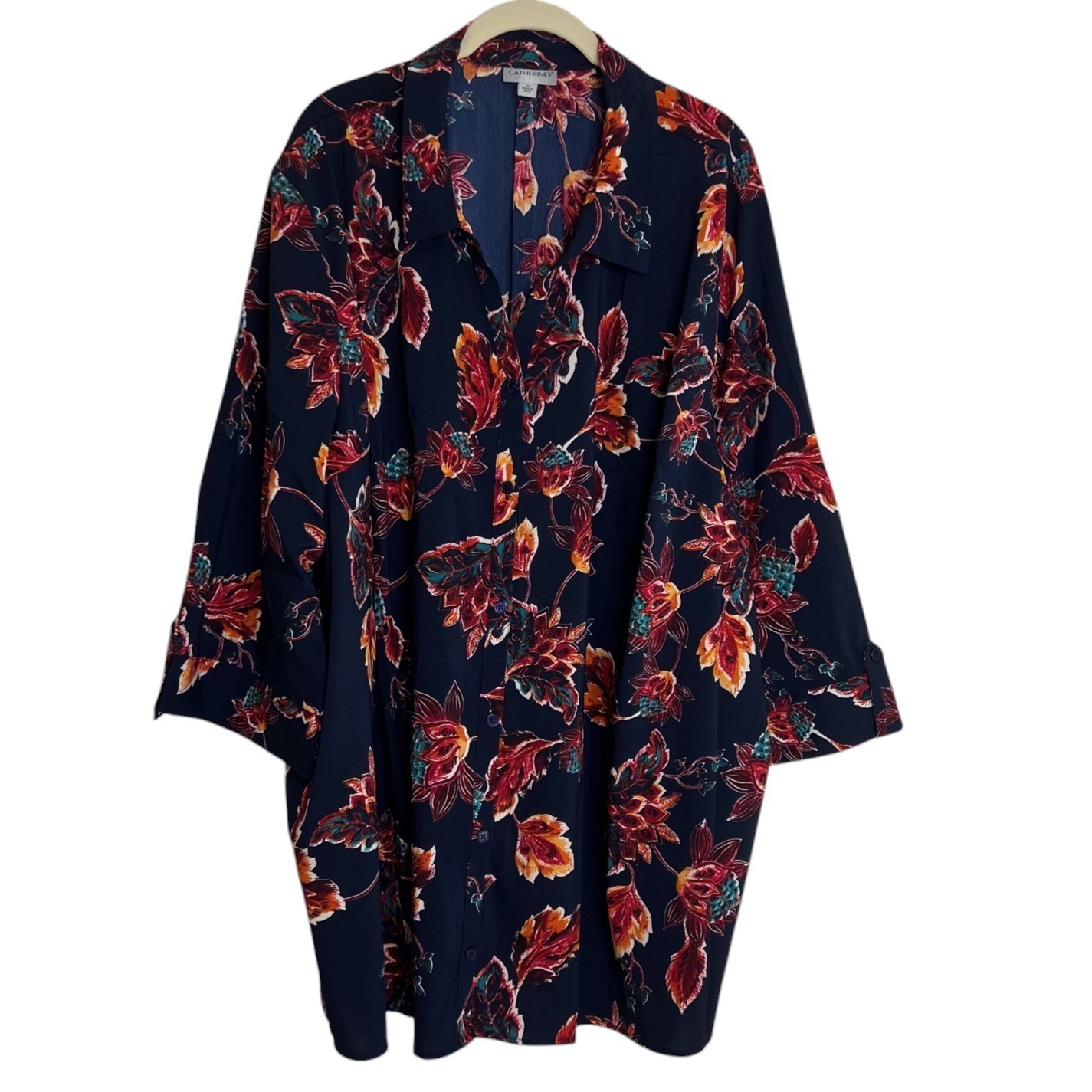 Catherines Womens Blouse 4X Navy Red Floral Button Front 3/4 Sleeves Plus Size