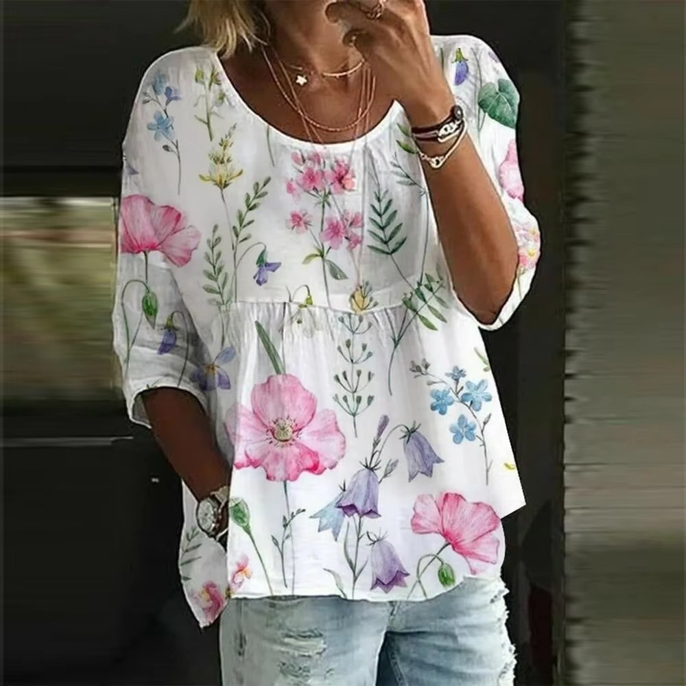 Womens Cotton Linen Floral Tunic Tops Blouse Ladies Boho Loose Summer T-Shirt