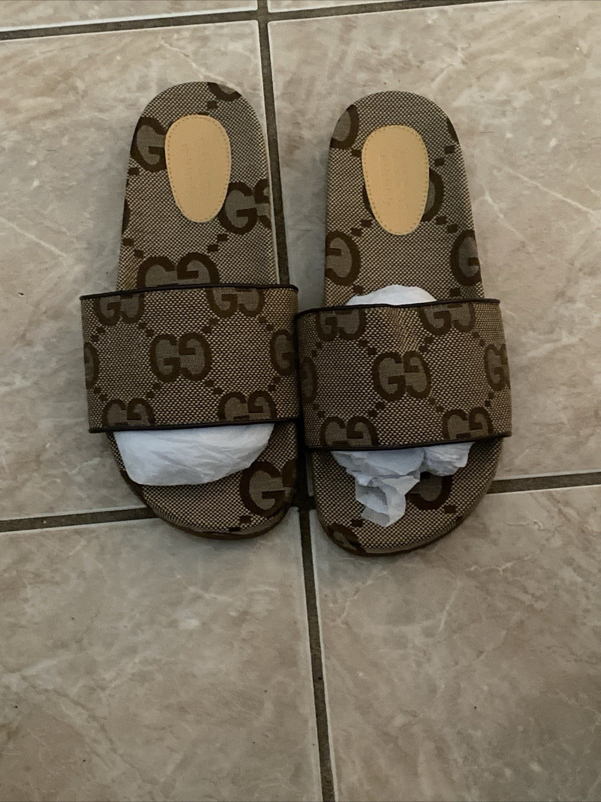 Gucci GG Canvas Beige Slides Sandals Authentic New with Dust Bag