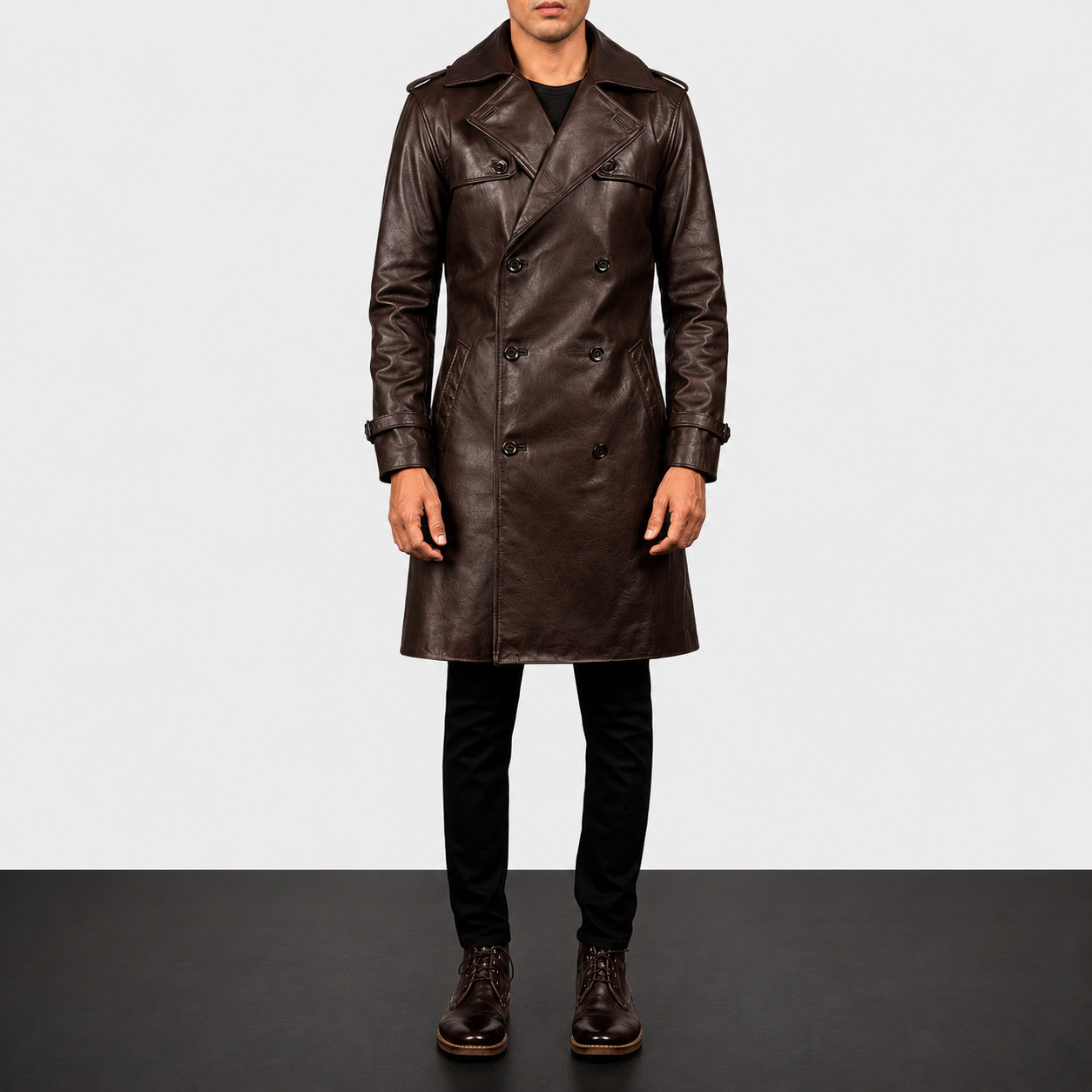 Mens Brown Leather Trench Coat – Long Jacket Double Breasted Winter Classic Coat