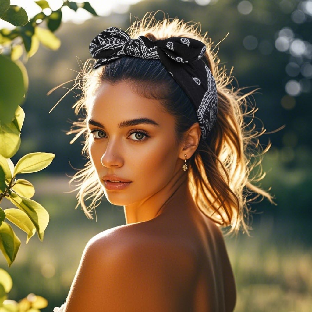 Boho Paisley Bandana Headbands for Women, NonSlip Wide Bow Headwraps 6 Pack