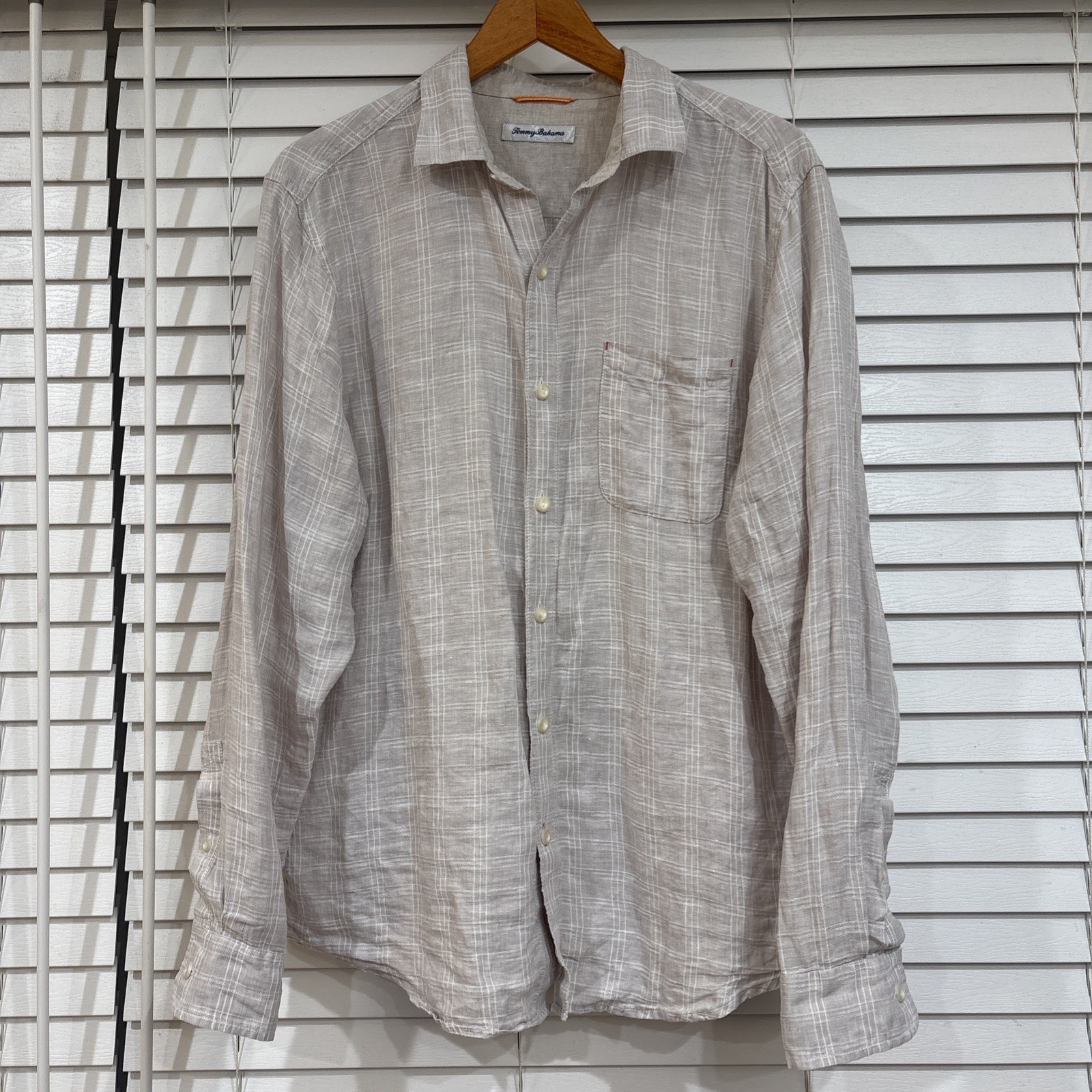 Tommy Bahama Linen Button-Up Long Sleeve Shirt Men’s L Plaid Beige & White