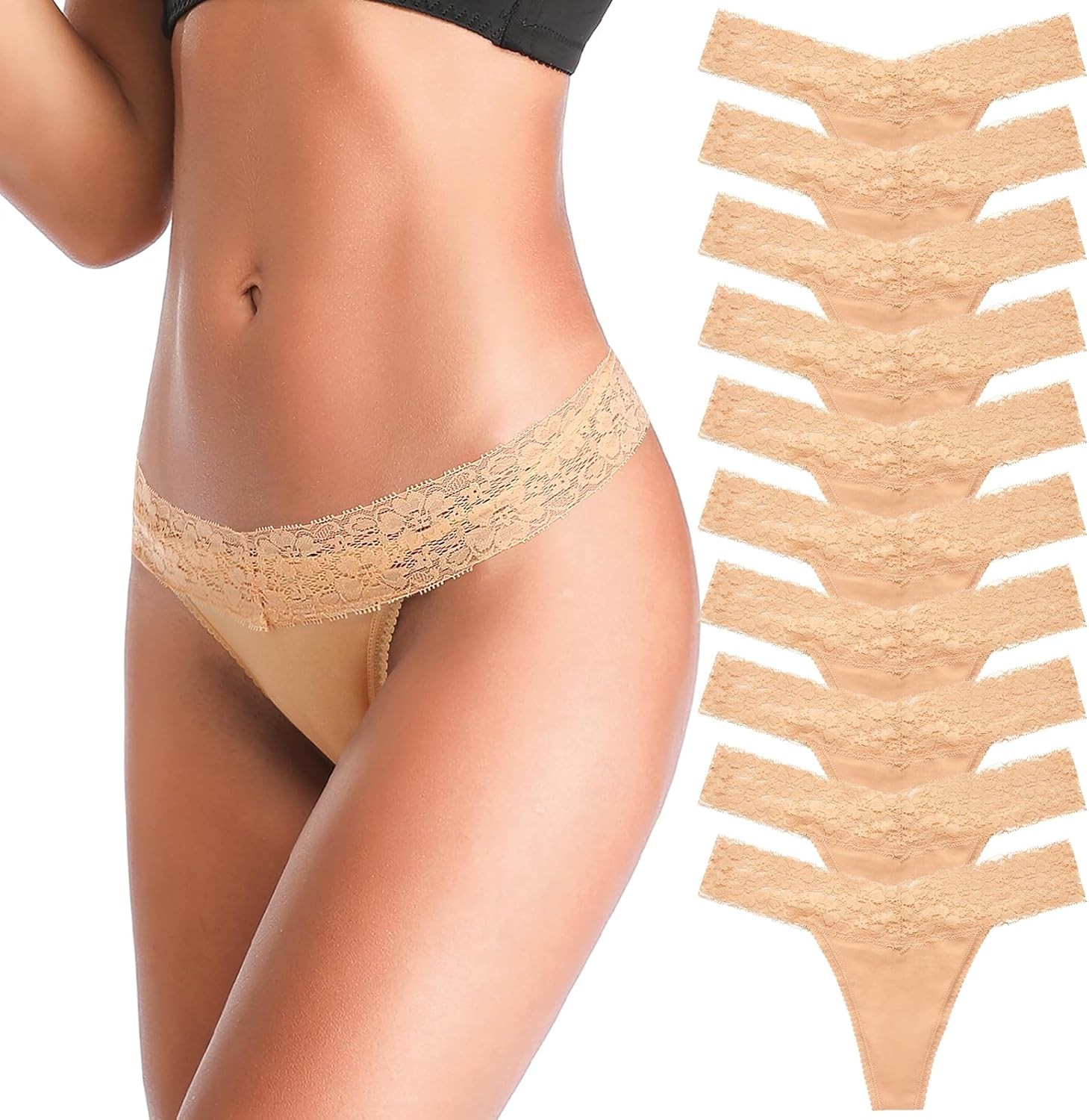 Lace Seamless Thong Panties for Women Low Waist T Back See Through Cotton