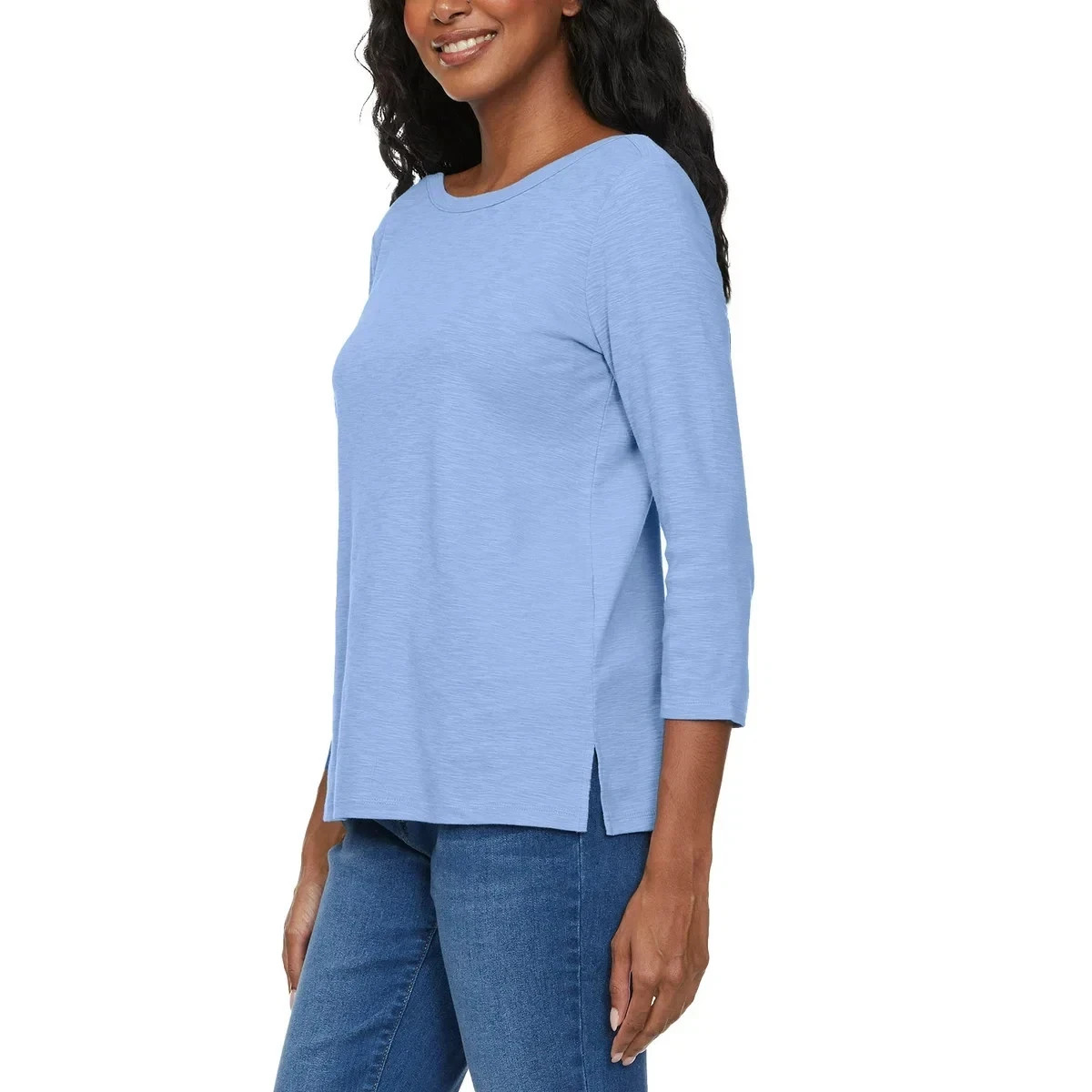 Kirkland Signature Women’s 3/4 Sleeve Boatneck Slub Tee, Blue, Size XL