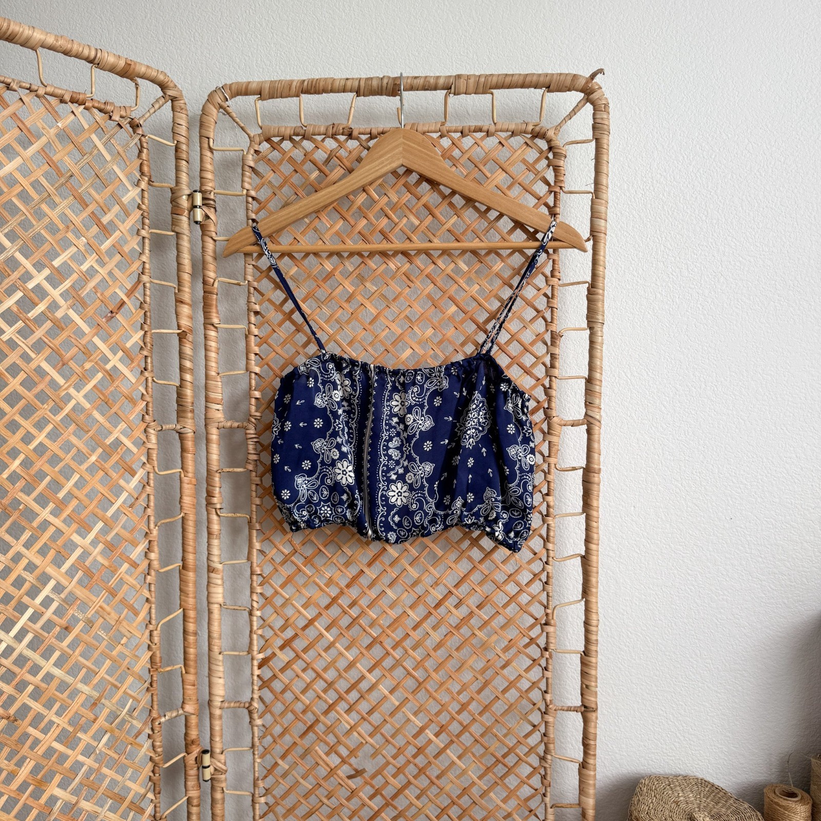 Janet Chung Bandana Paisley Print Satin Ruffle Hem Cami Crop Top Navy Blue