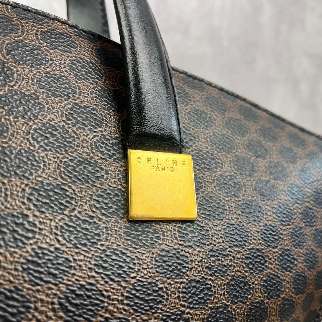 CELINE Macadam Pattern Leather Tote Handbag Dark Brown Gold Hardware Women