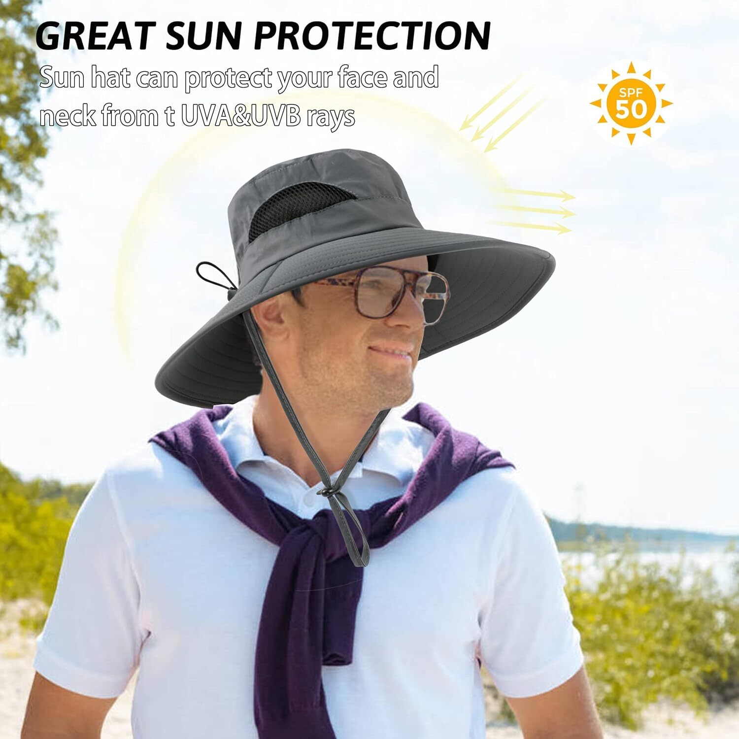 Men Wide Brim Sun Hat UV Protection Bucket Cap For Hiking Camping Fishing Safari