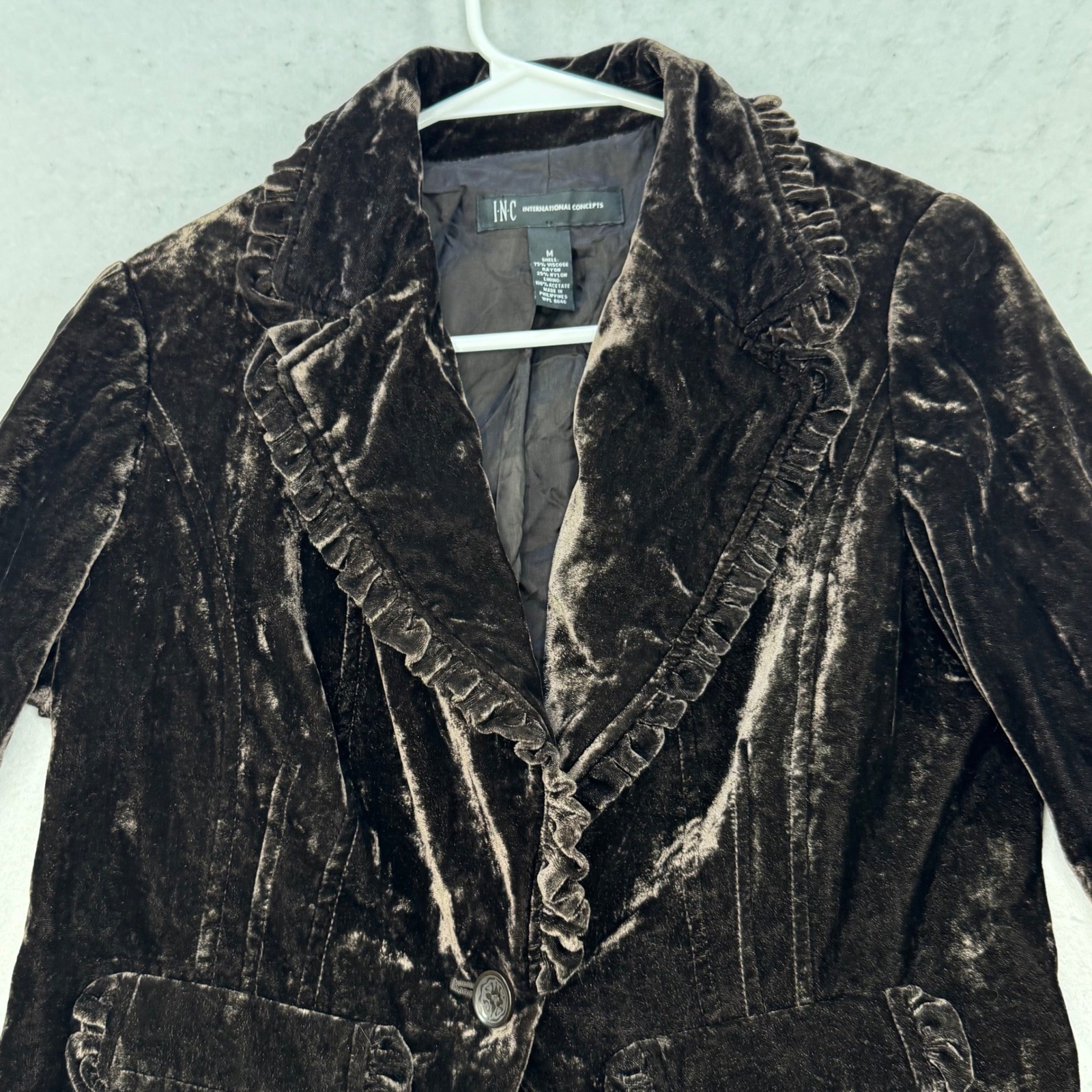 INC Velvet Blazer Womens Medium Brown Ruffle Trim Victorian Goth Jacket
