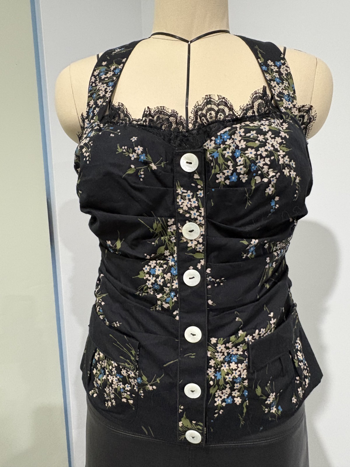 BNWT Dolce & Gabbana Black Floral Print Cross Back Lace Trim Corset – Size IT 44