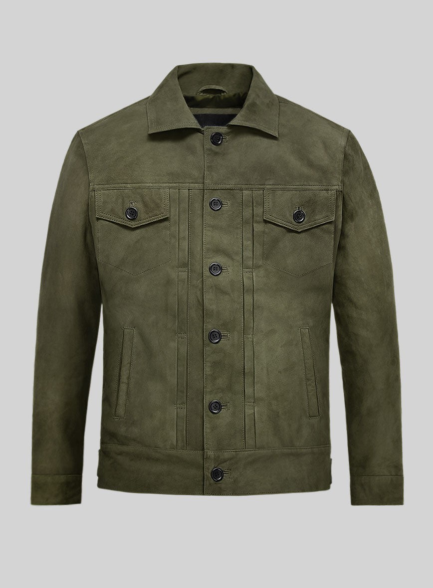 Mens Olive Green Suede Leather Jacket Casual Slim Fit Button Up Trucker Coat New