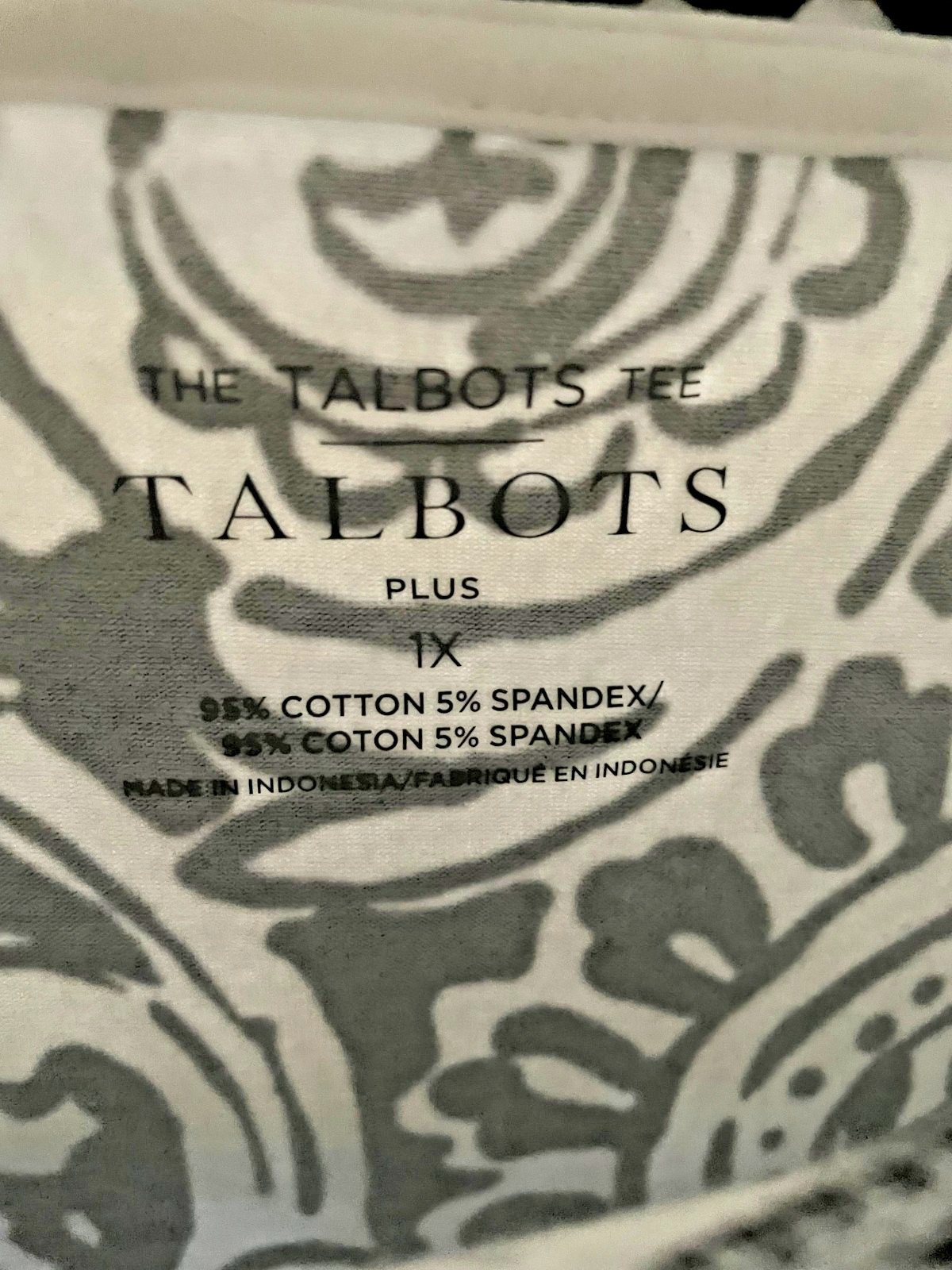 Talbots 1X Black and White Paisley Swirl 3/4 Sleeve Top NWT