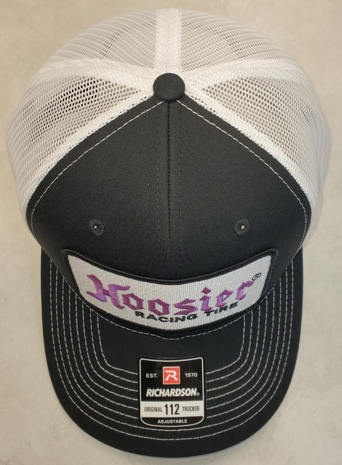 HOOSIER RACING TIRE Patch on Richardson 112 Trucker Hat Snapback Black/White