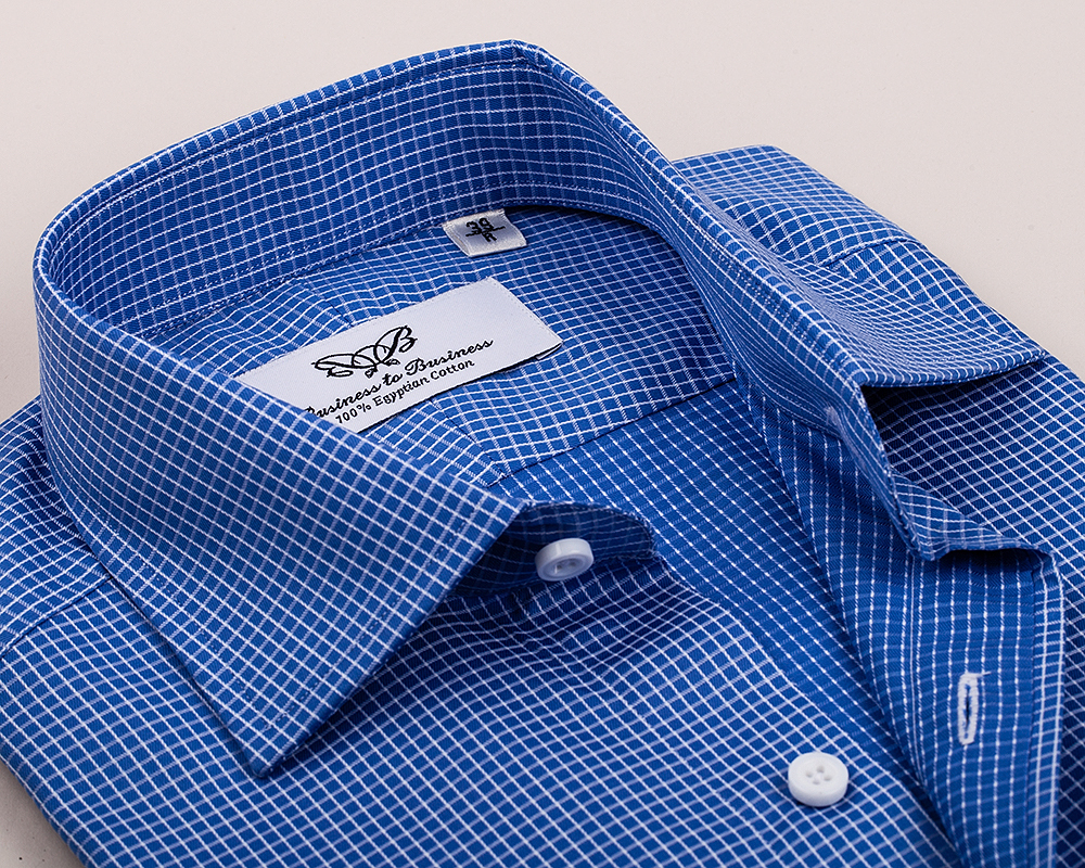 Blue Checkered Dress Shirt Luxury Business Button Cuff Soft Easy Iron Fabric