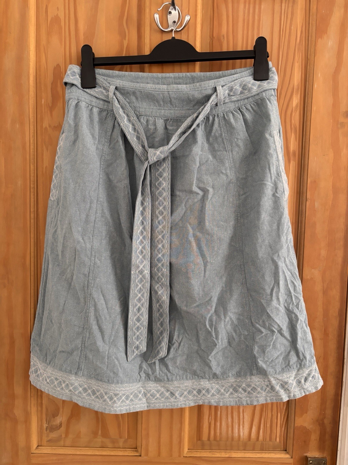 FATFACE Blue Midi A-Line Skirt UK Size 12 ~ 100% Cotton Embroidered Fat Face