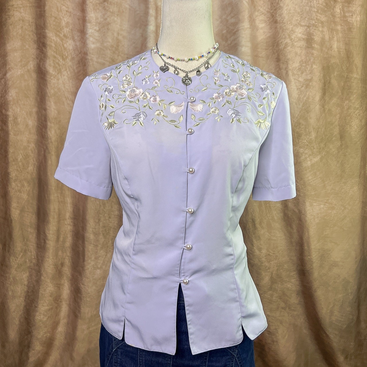 Vintage Floral Blouse 90s Embroidered Pastel Purple Renaissance Victorian Regal