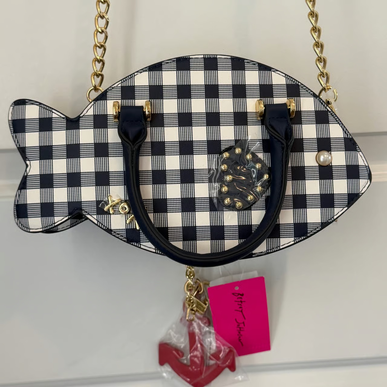 Betsey Johnson BM30800 Blue Gingham Fish Crossbody Bag Purse NEW RELEASE NWT