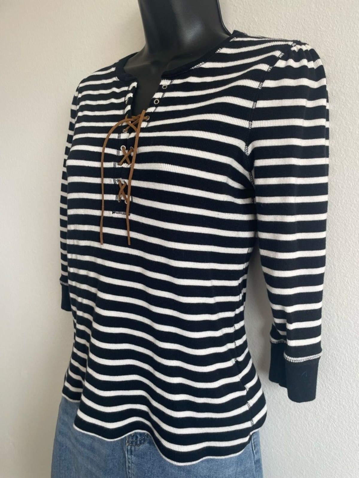 Lauren Ralph Lauren Striped Lace-Up Top Womens Black White Nautical – Medium