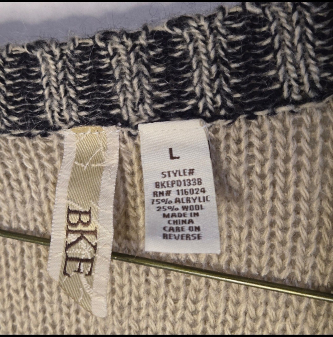 BKE Women’s Open Knit Cardigan Sweater Beige/Black Geometric Long Sleeve L