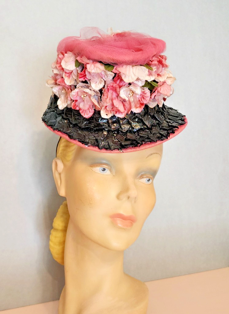 Vintage 1940s Pink Black Floral Toy Tilt Hat Topper Tulle Straw