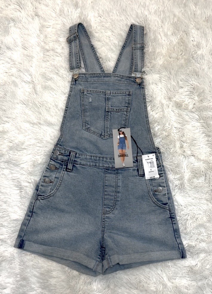 Celebrity Pink Blue Solid Denim Overall Shortall Pockets Sleeveless S