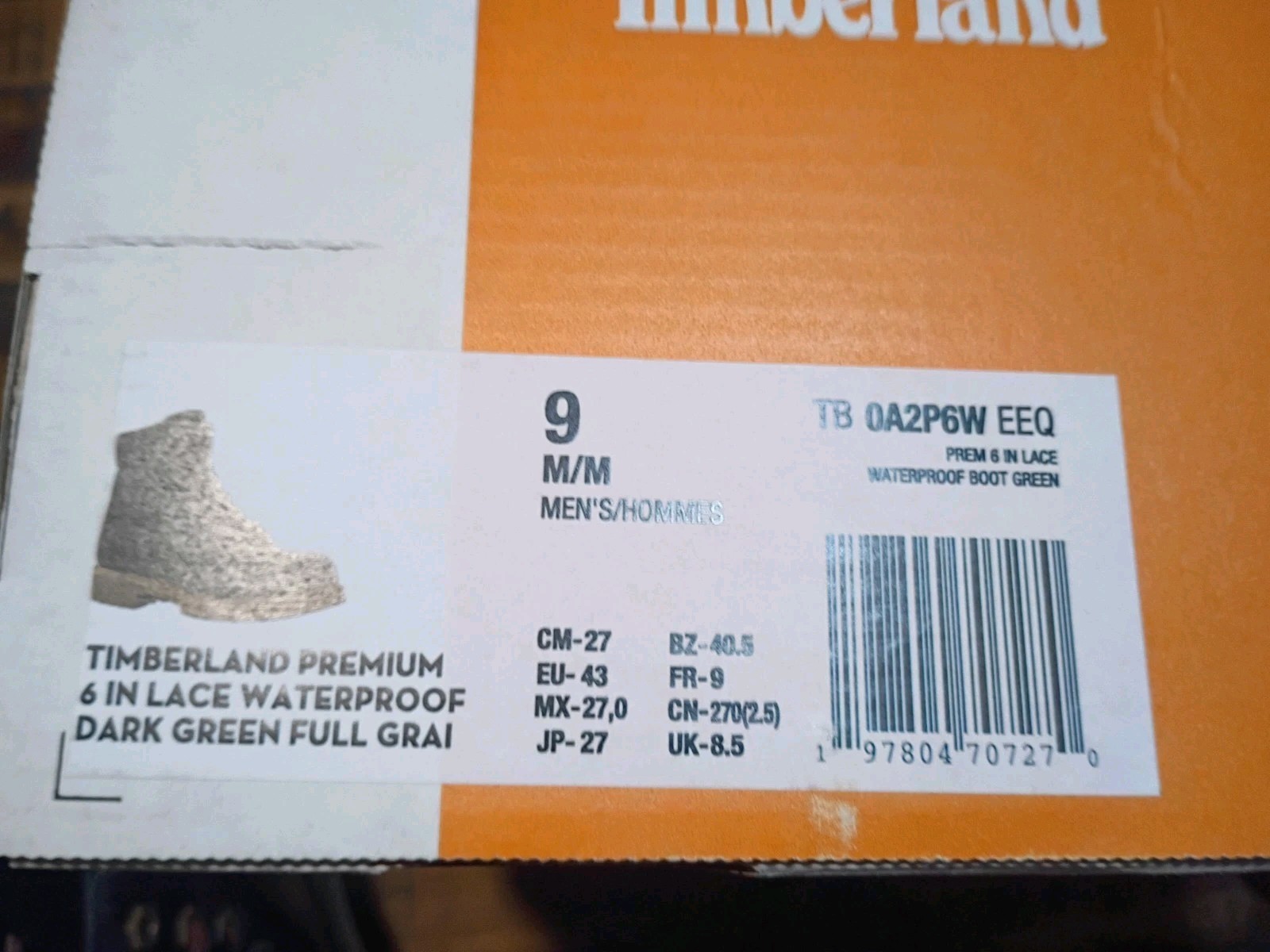 Mens Timberland Premium 6 Waterproof BOOTS Dk. GREEN FULL GRAIN LEATHER Sz 9.0