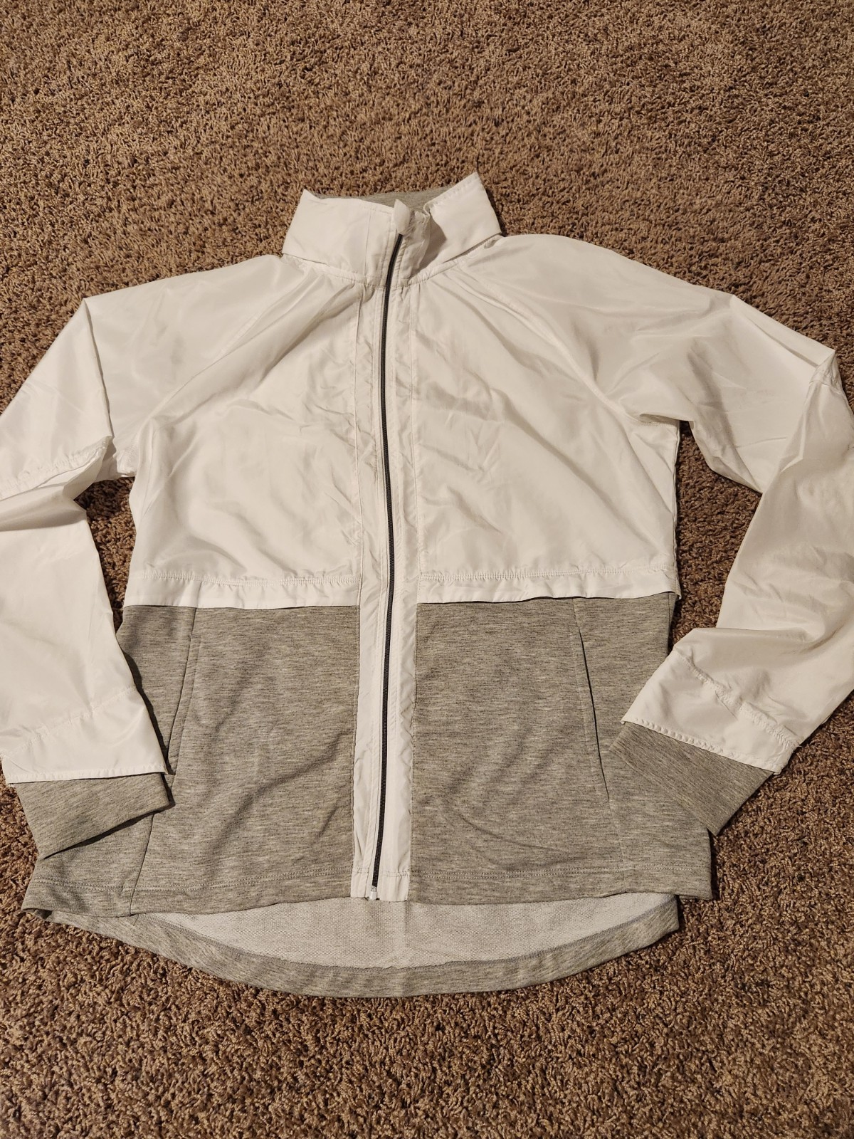 Avia Windbreaker Women Large Lightweight Full Zip White Gray Hooded Rain Jacket