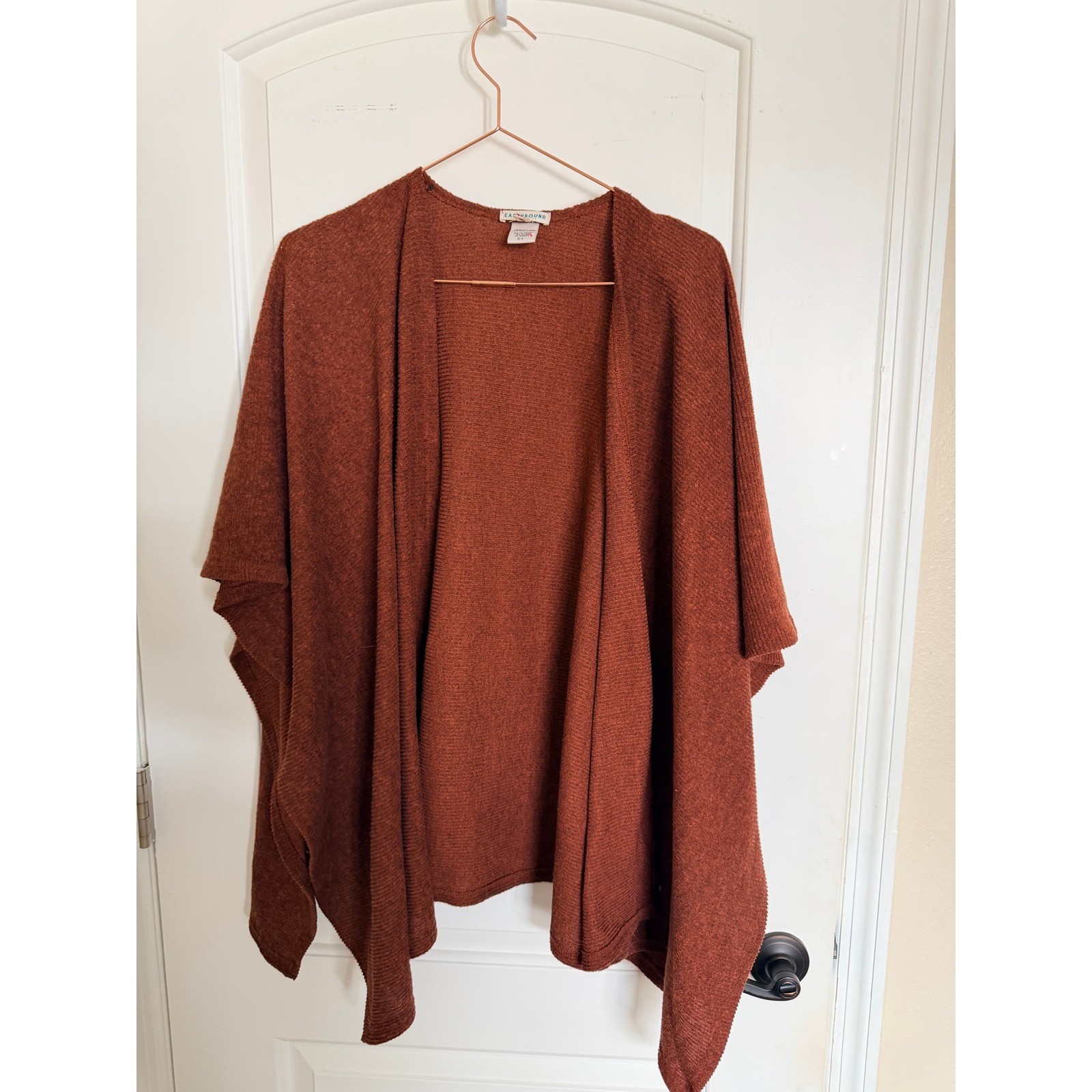 Earthbound Trading Co Poncho Womens OS Rust Orange Open Front Ribbed Knit Wrap