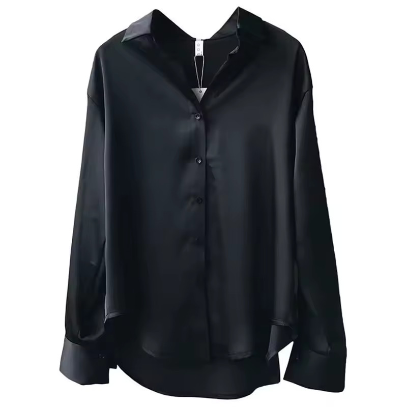 Women Silk Shirt New Vintage Fashion Solid Button Up Long Sleeves Blouse Tops
