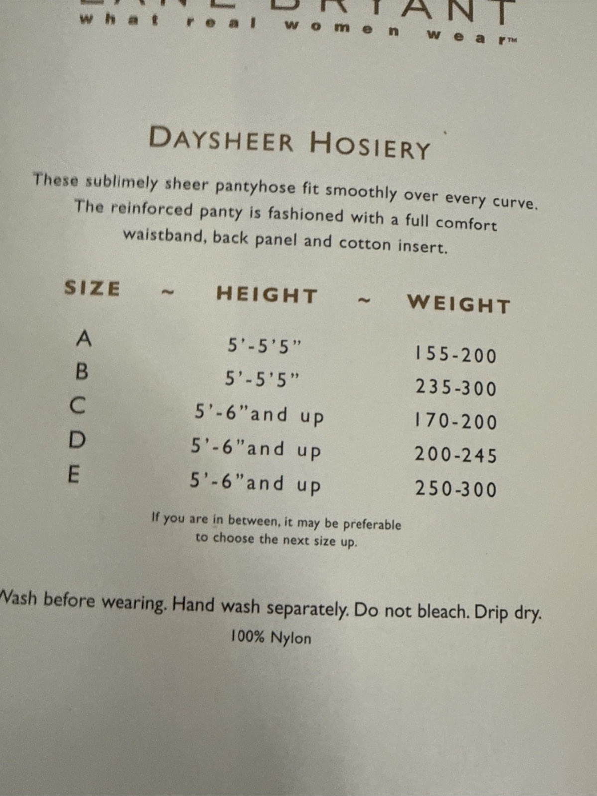 Lane Bryant Daysheer Control Top Taupe Invisible Reinforced Toe Size B Pantyhose