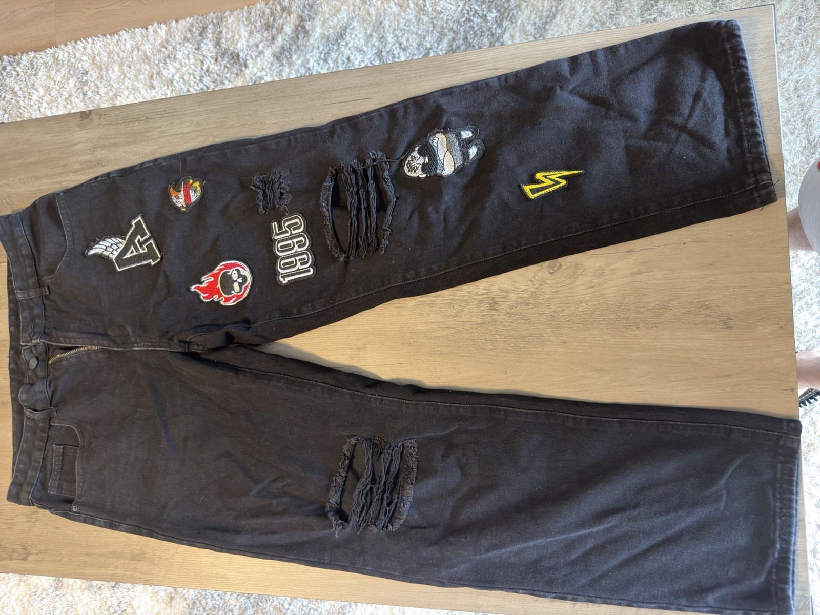 Men’s Black Dark Wash Skinny Slim Denim Jeans Distressed Embroidered M