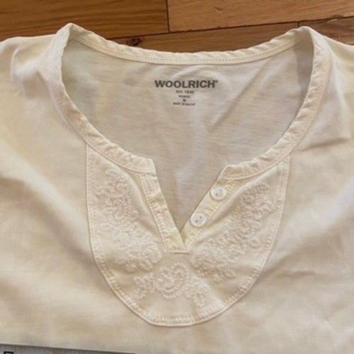 Woolrich Womens Cream White Embroidered Split Neck Cap Sleeve Top Size M