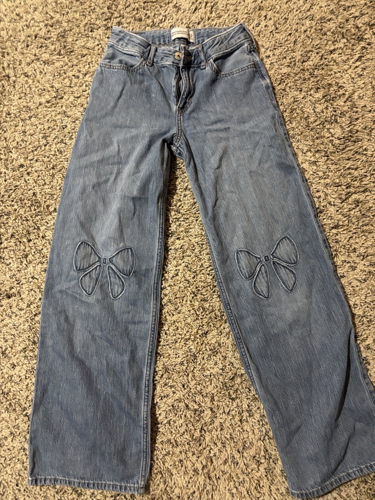 Abercrombie Kids Girls Blue Denim Wide-Leg Jeans 11/12 Embroidered Bow