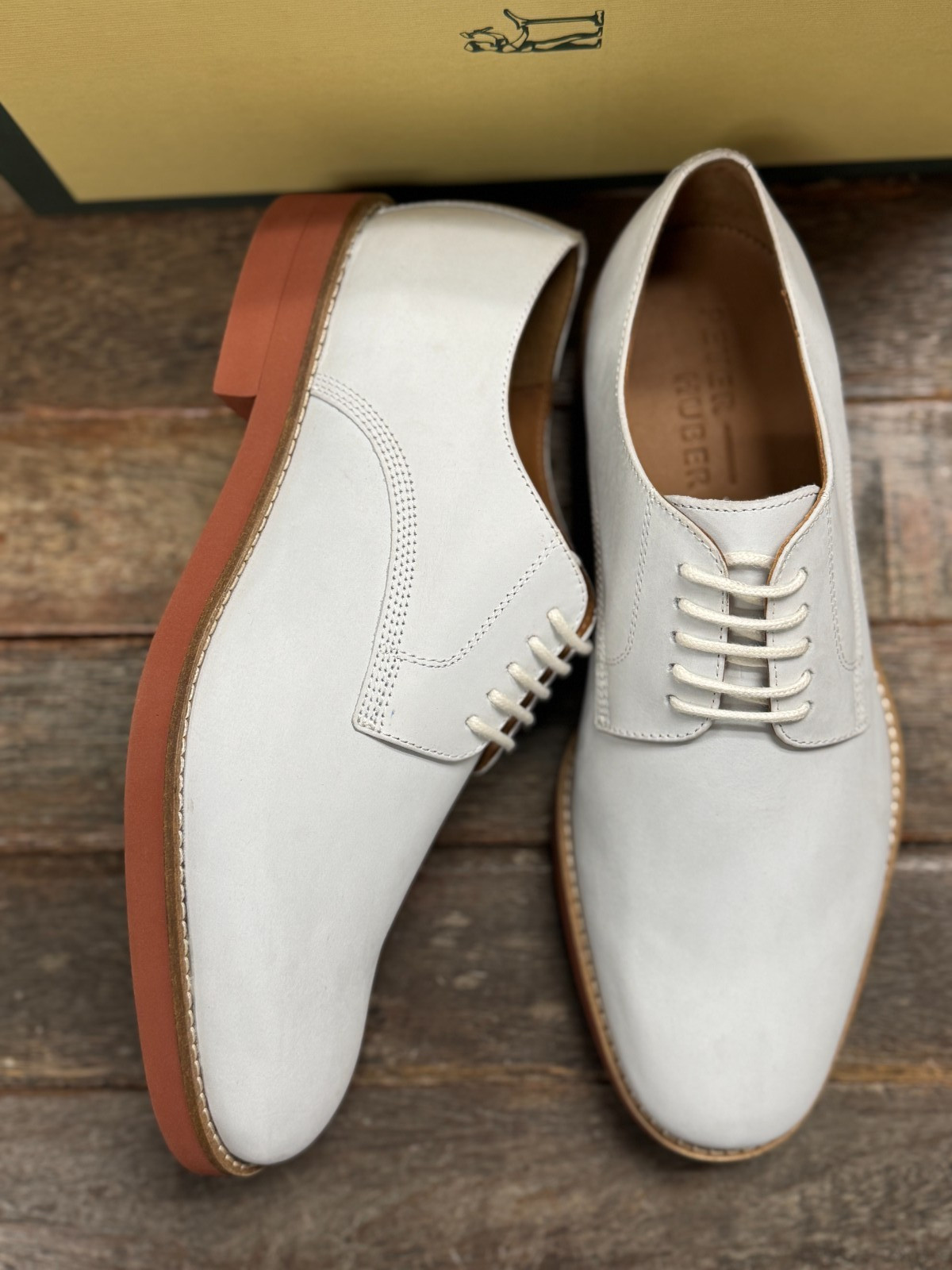 Peter Huber Men’s Shoes Classic White Buck Oxford Red Brick Outsole $179