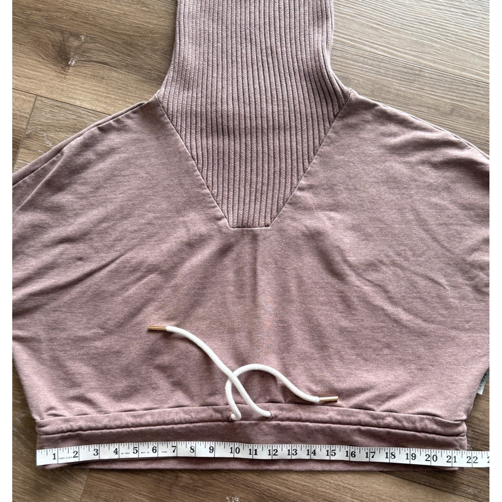 Varley Womens Turtleneck Sweatshirt Mauve Ribbed Knit Crop Drawstring Large