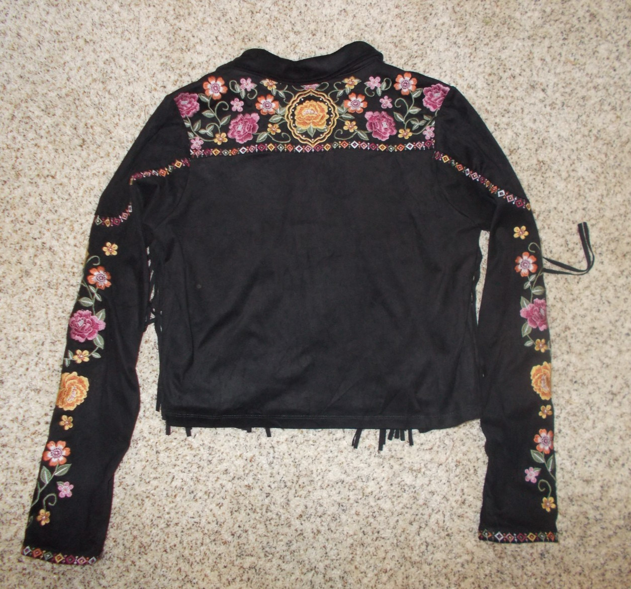 Savanna Jane Faux Suede Black Embroidered Jacket Fringe Flowers sz S M