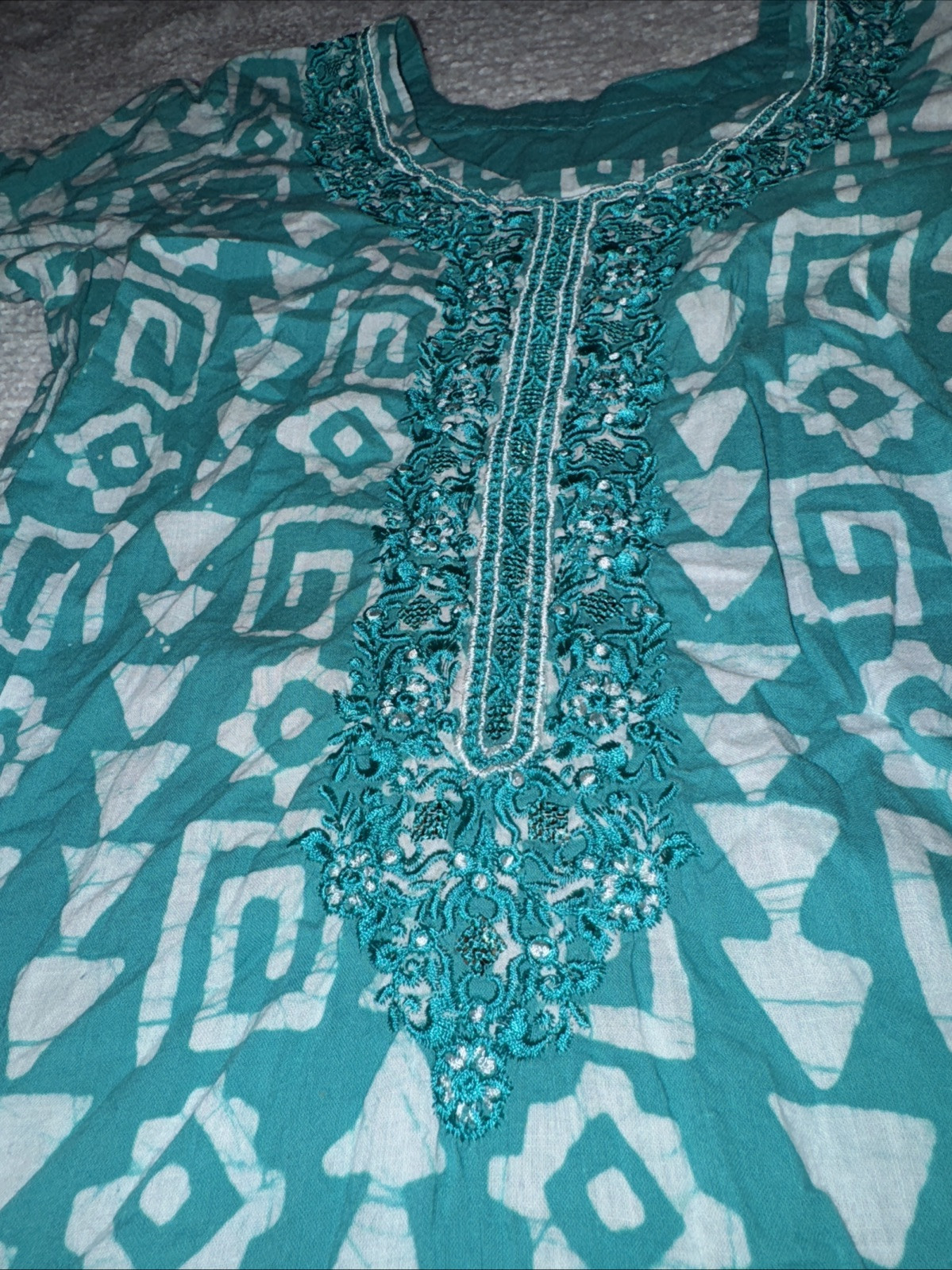 Handmade Green & White Tunic Kurta 3/4 Sleeve Flared Silhouette Pullover Dress