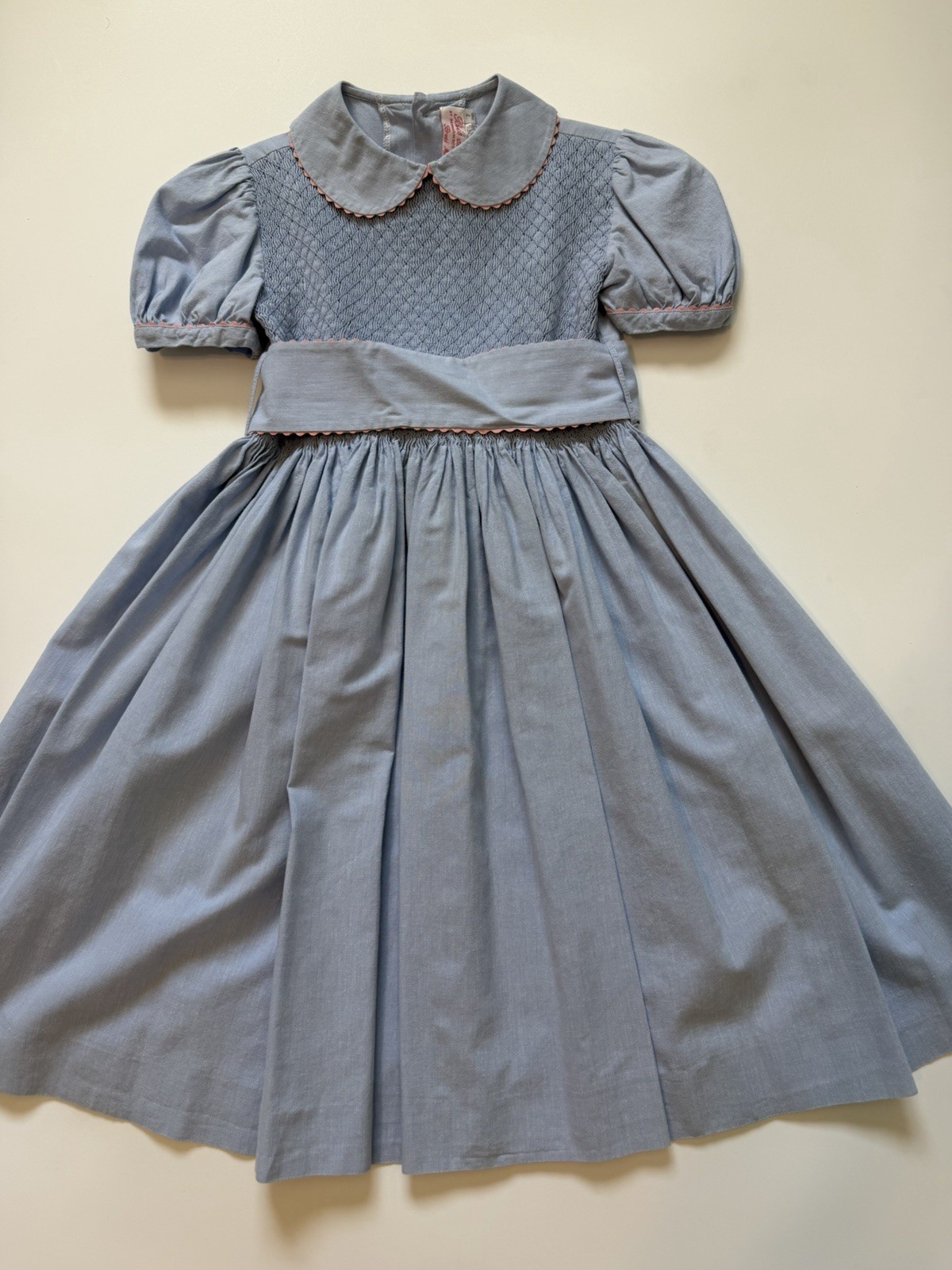 Vintage Bois de Rose Smocked Blue Dress Peter Pan Collar Size 7 Girls