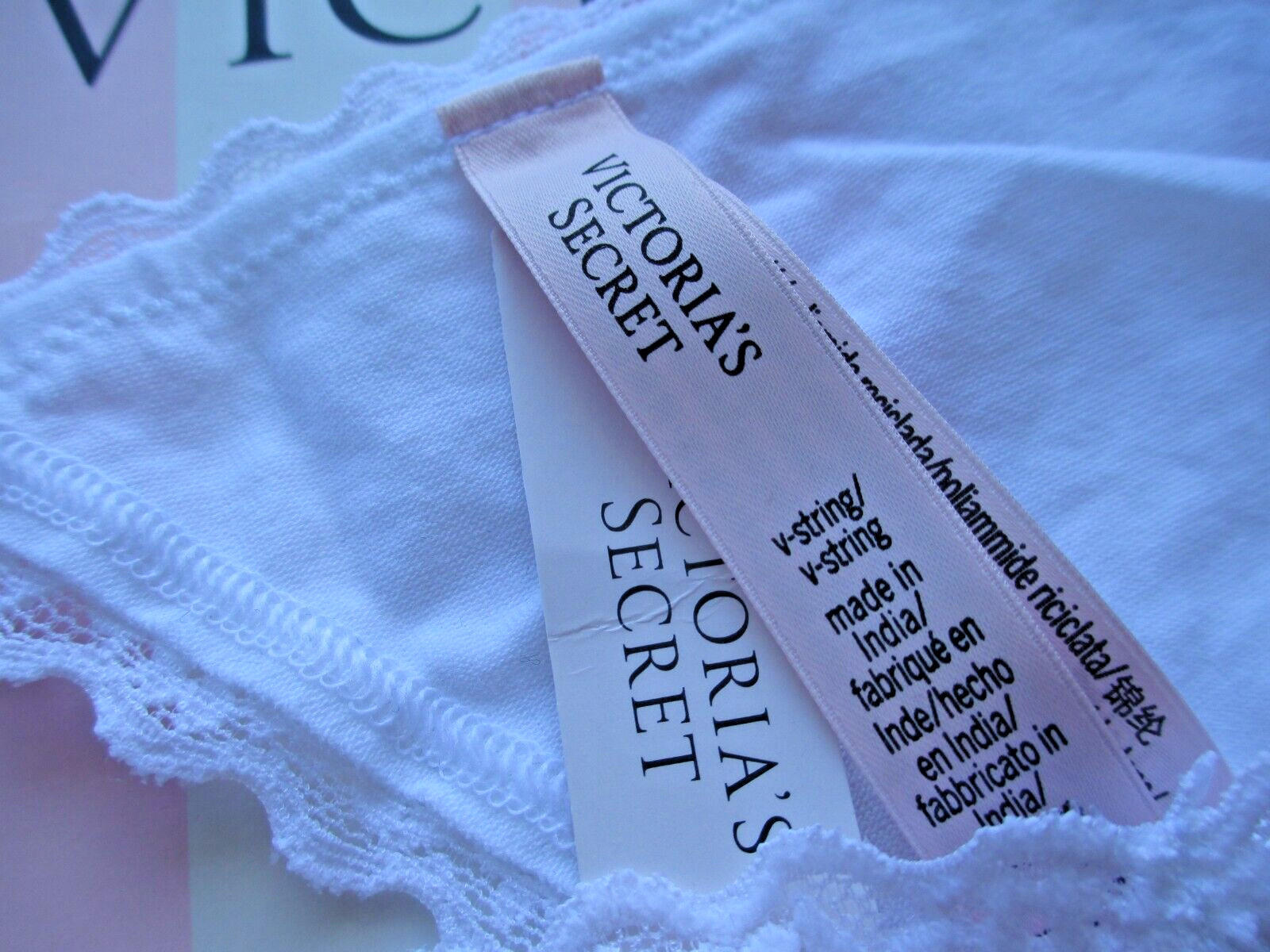VICTORIA’S SECRET White Cotton V-String Thong Panty VS Lace Trim S M L XL NWT