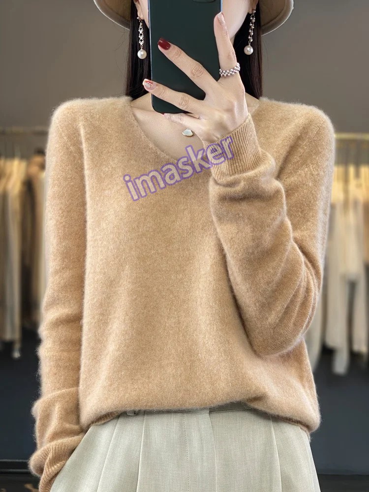 Women’s V-neck Pullover Sweater Knitwear Soft Warm Cashmere Loose Grace Style