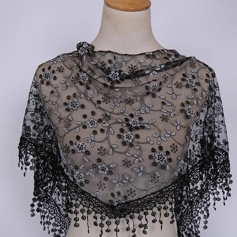 Women Tassel Triangle Scarf Embroidered Lace Floral Shawl Veil Wrap