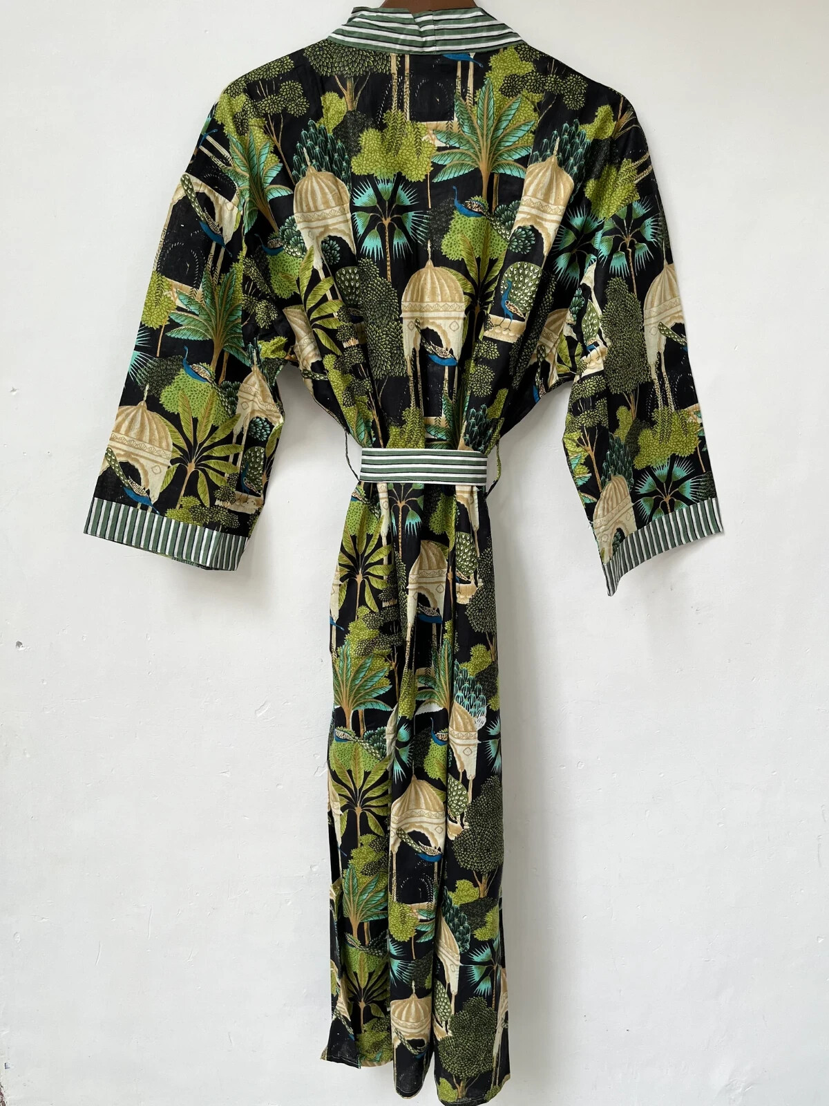 Indian Cotton Robe Long Kimono Sleepwear Black Floral Printed Night Kimono Robe